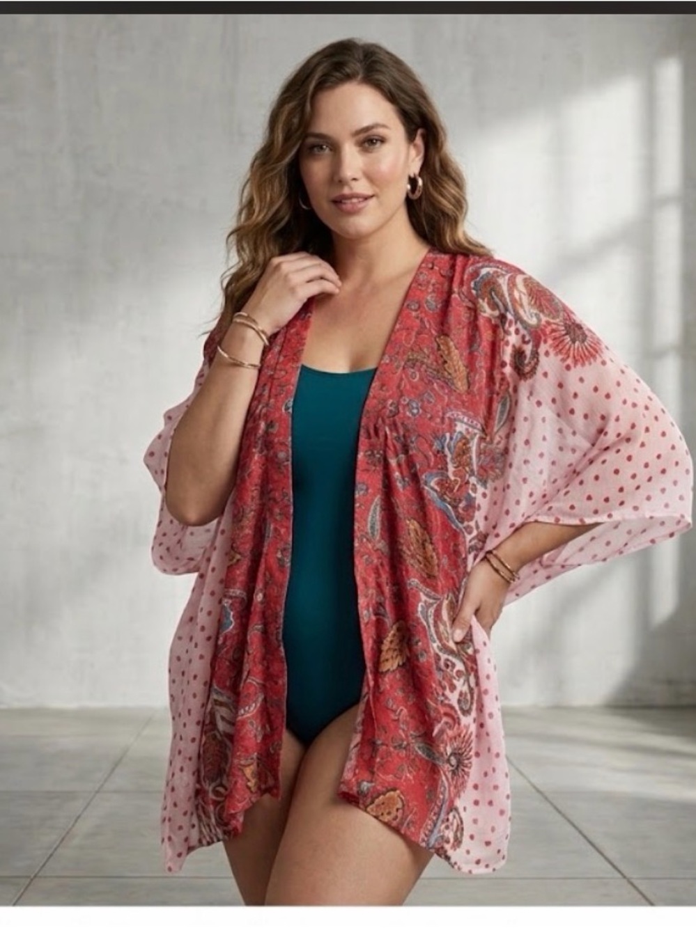 Women’s Pink & Red Paisley Swim Cover-Up Kimono